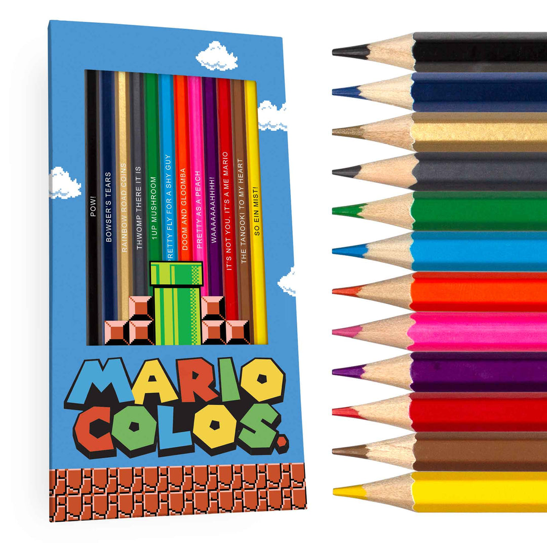 Mario Colos. Colored Pencils Set For Fans of Super Mario Brothers Box and Pencils