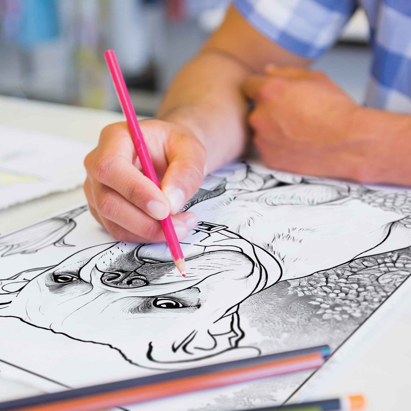 Dog themed coloring page being colored in