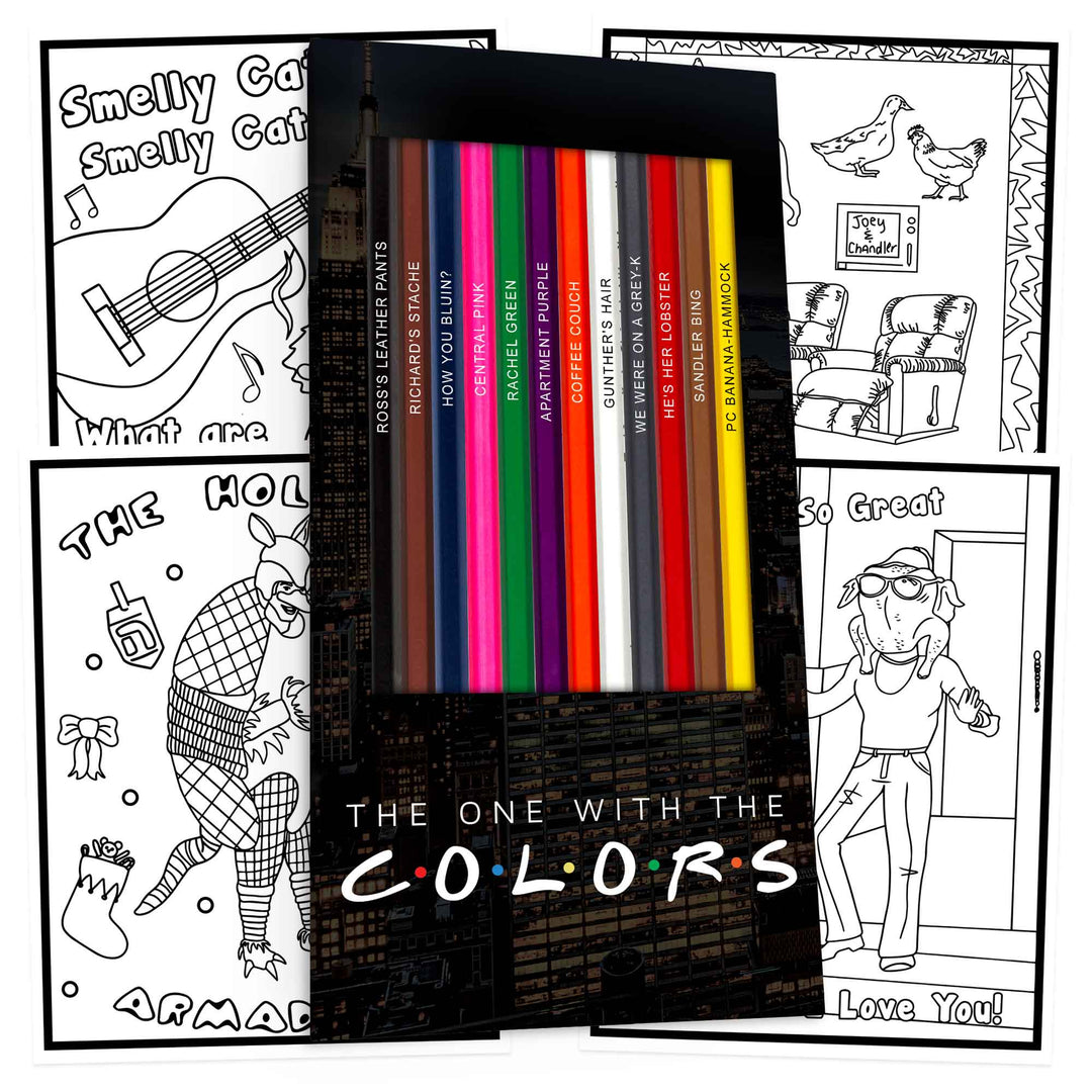 The One with the Colors pencils and display box, four coloring pages