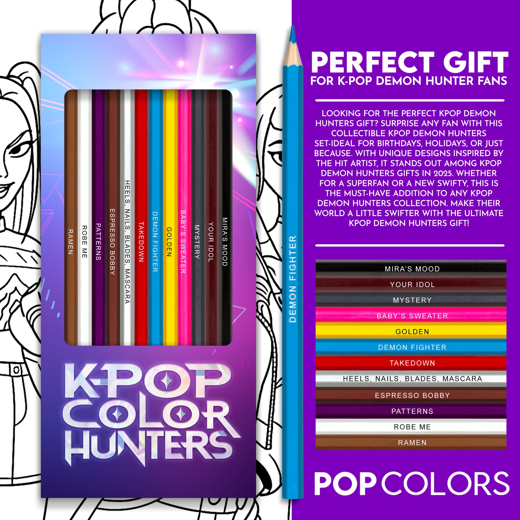 K-Pop Demon Hunters Inspired Colored Pencil Gift Set - 'K-Pop Color ...