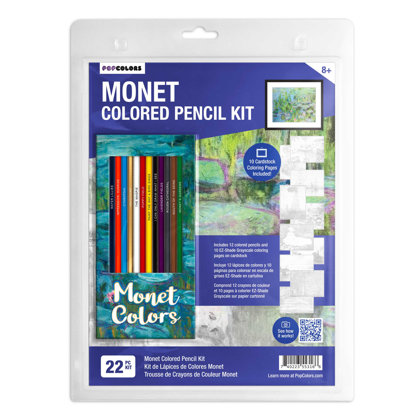 Monet colored pencil kit with coloring pages in packaging