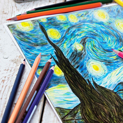 Drawing Van Gogh Starry Night with colored pencils