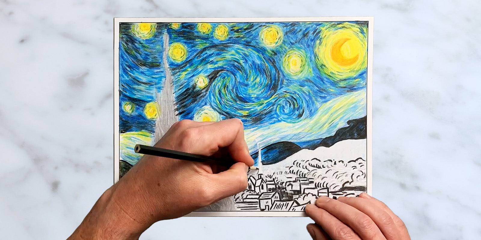 Coloring in Starry Night by Van Gogh with colored pencils by Pop Colors