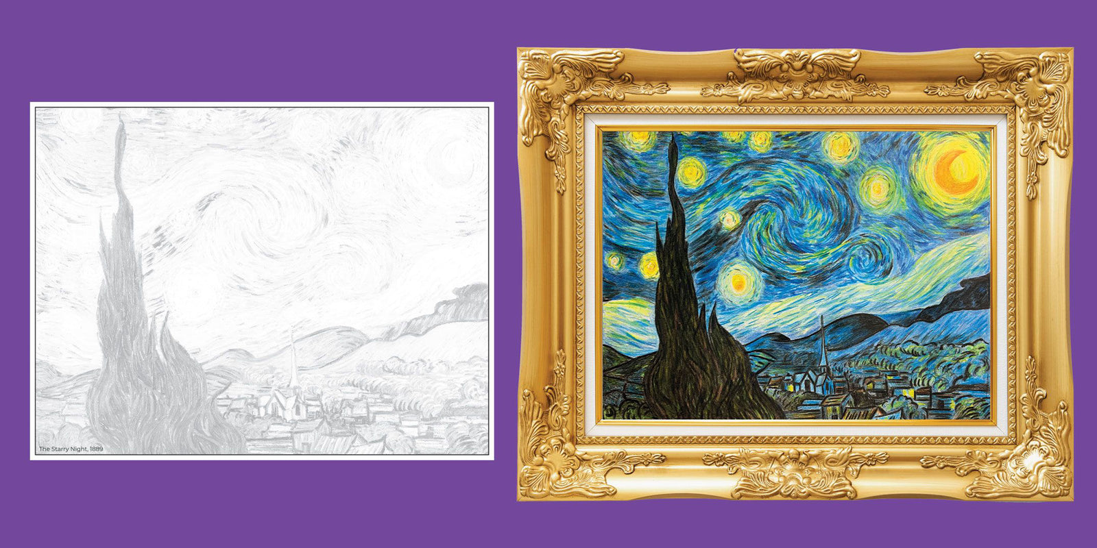 Van Gogh's Starry Night colored by colored pencils, in a frame