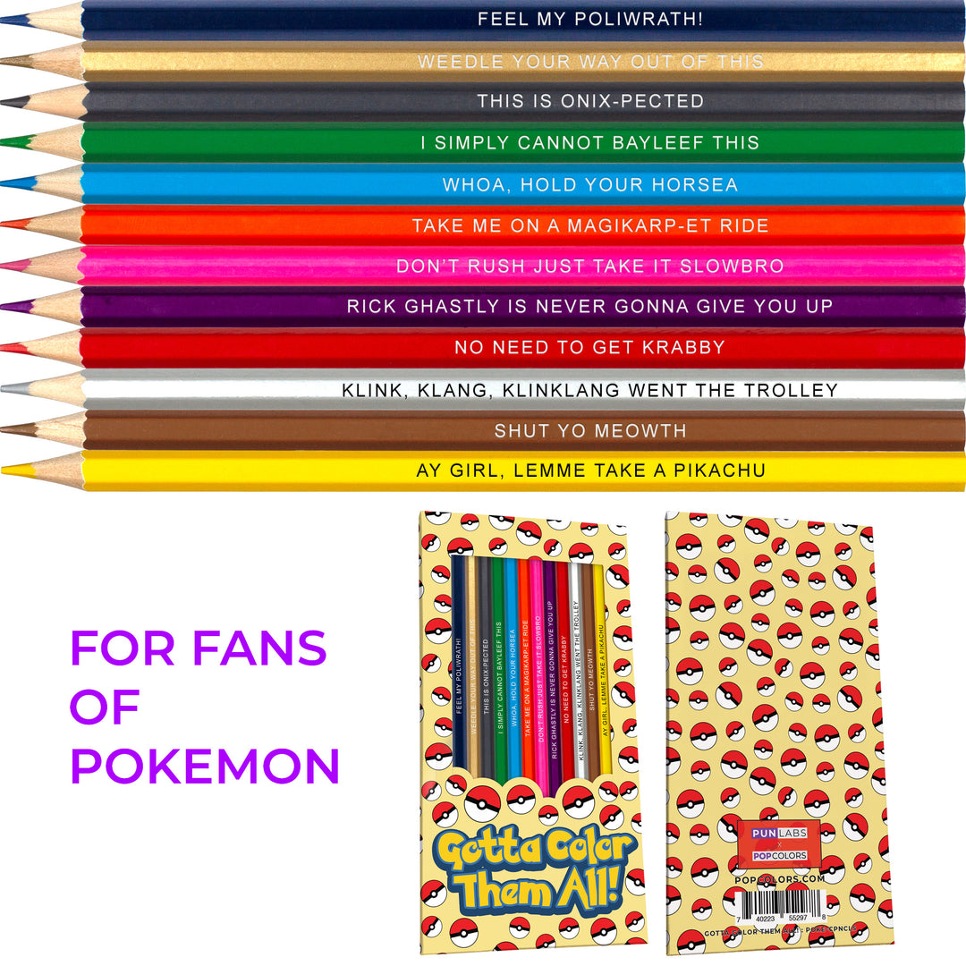 Gotta Color Them All Colored Pencil Set for Fans of Pokemon Set of 12 Pokemon-inspired Parody Pencils Each Color Pencil Is Foil-Stamped with Clever