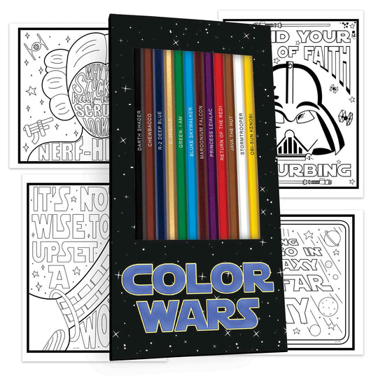 Color Wars display box and pencils, four coloring pages