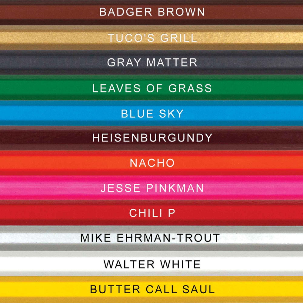 Coloring Bad Colored Pencils for Fans of Breaking Bad, up close with names of pencils