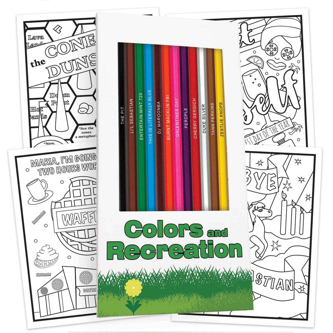 Colors and Recreation display box and pencils, four coloring pages