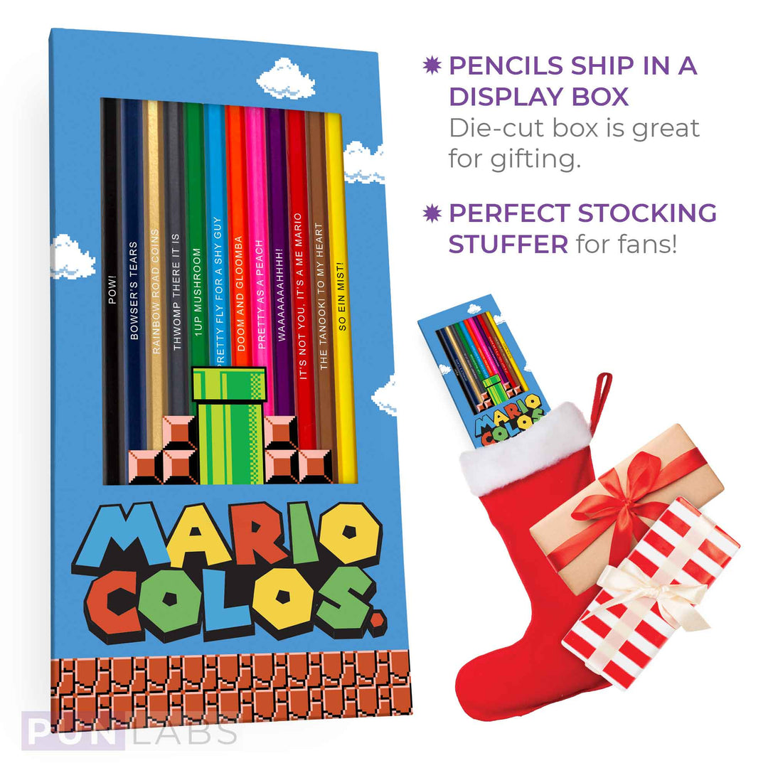 Mario Colos. Colored Pencil Set for Fans of Mario Brothers | Set of 12 Mario-Inspired Parody Pencils | Each Color Pencil Is Foil-Stamped with Clever