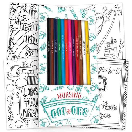 Nursing Colors box display, four coloring pages