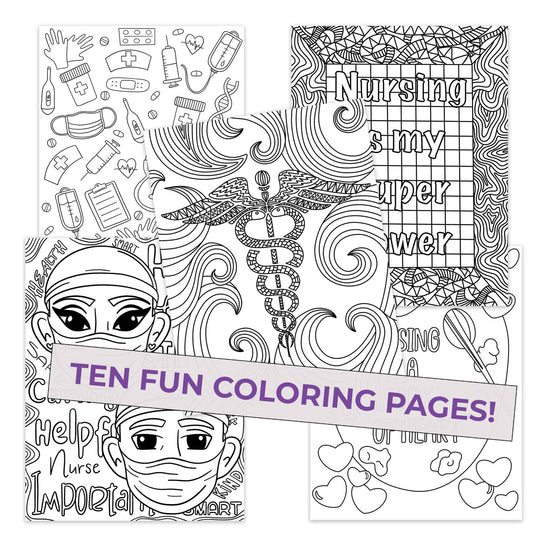 Five Nursing Coloring pages, Caduceus mandala, ten fun pages