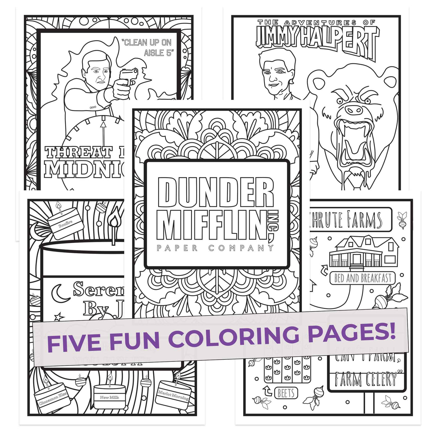 Five Office Colors Coloring Pages, Duner Mifflin Sign Mandala, five fun pages