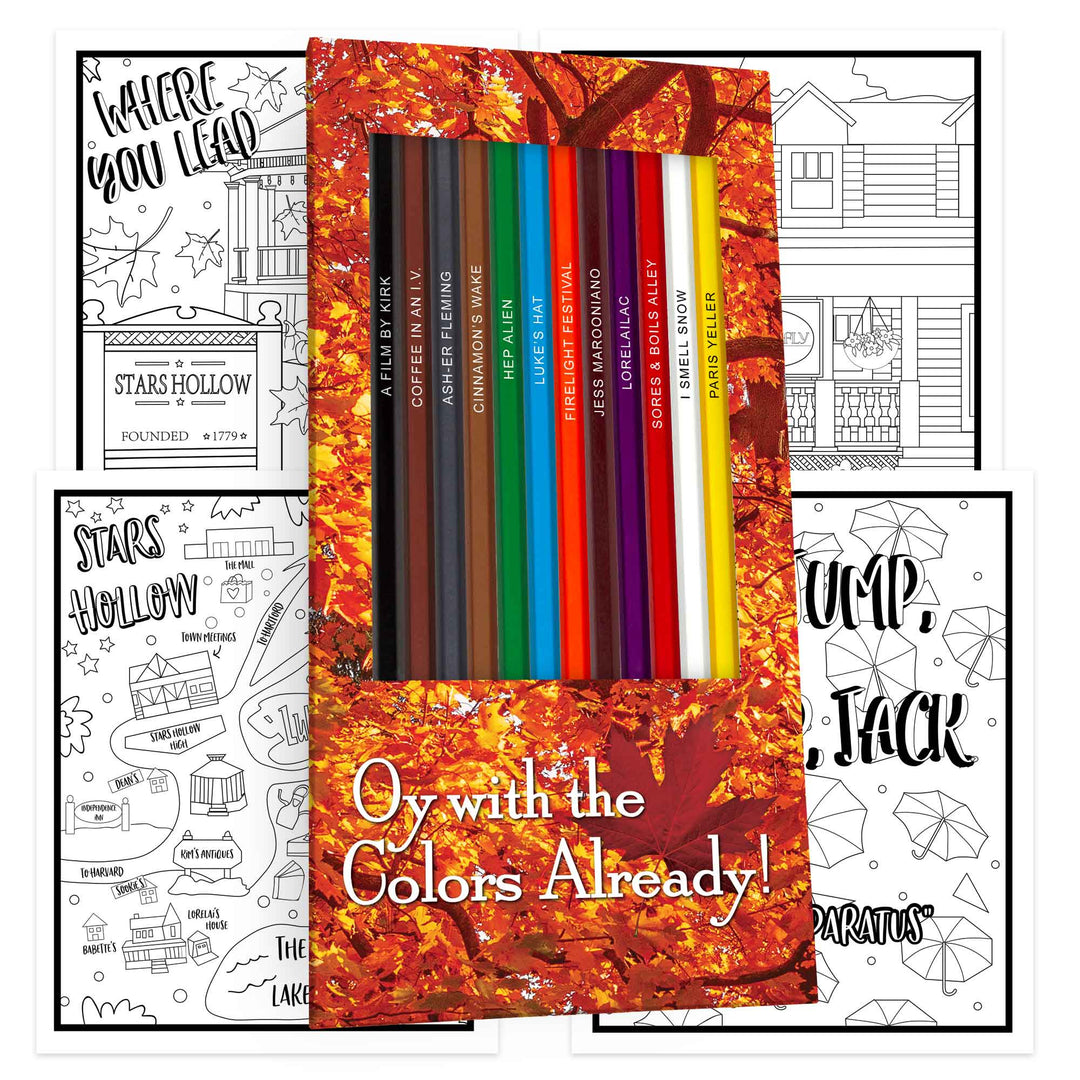 Oy with the Colors Already! display box and pencils, four coloring pages