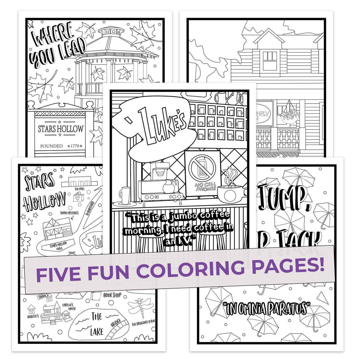 Five Gilmore Girls Coloring pages, Luke's Diner, five fun pages