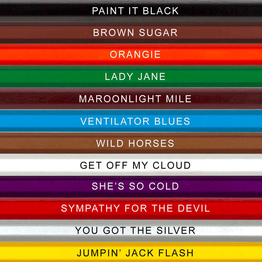 The Rolling Tones colored pencil set for fans of The Rolling Stones, pencil names