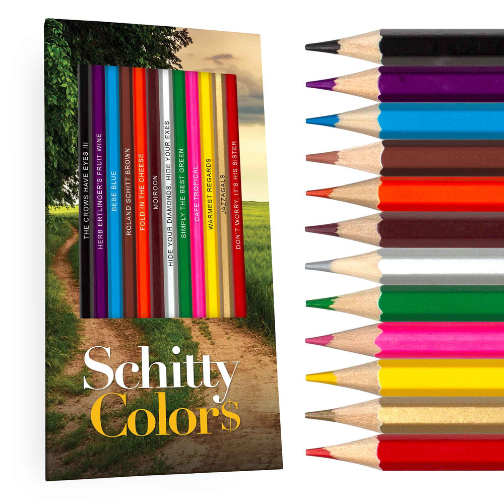 Schitty Colors display box and colored pencils with Schitt's Creek inspired theme