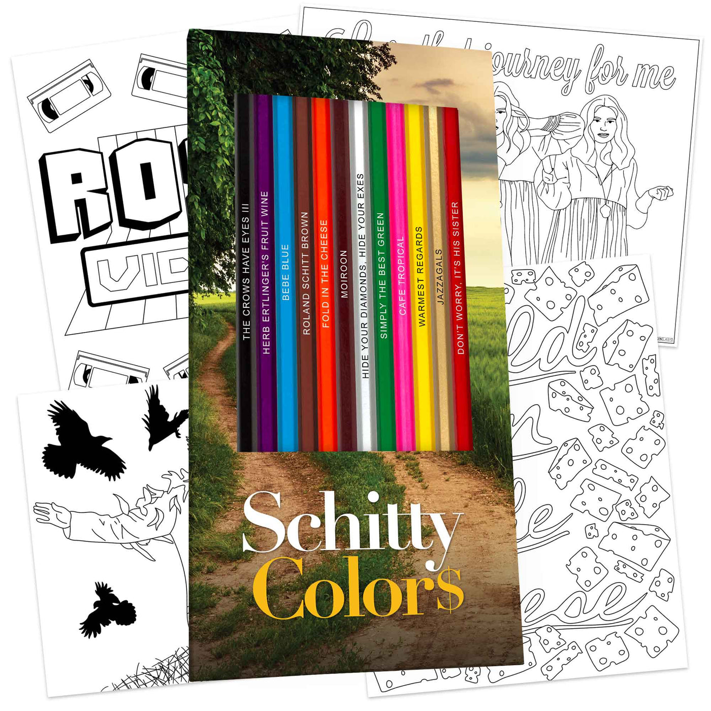 Schitty Colors display box and colored pencils, four coloring pages with Schitt's Creek inspired theme