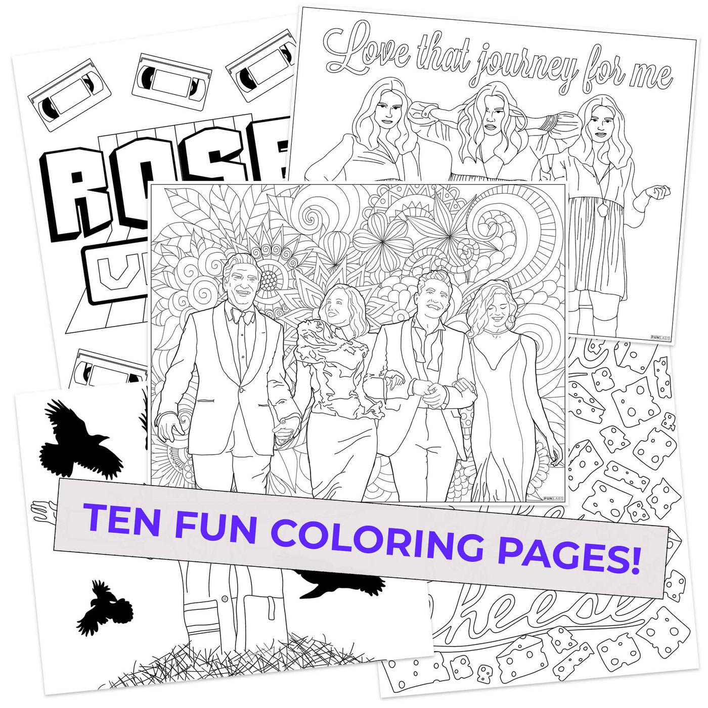 5 Schitty Colors coloring pages with a Schitt's Creek inspired theme