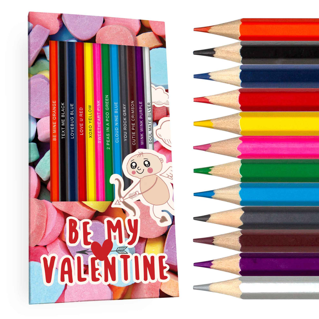 Be My Valentine" custom colored pencil set for Valentine's Day, front