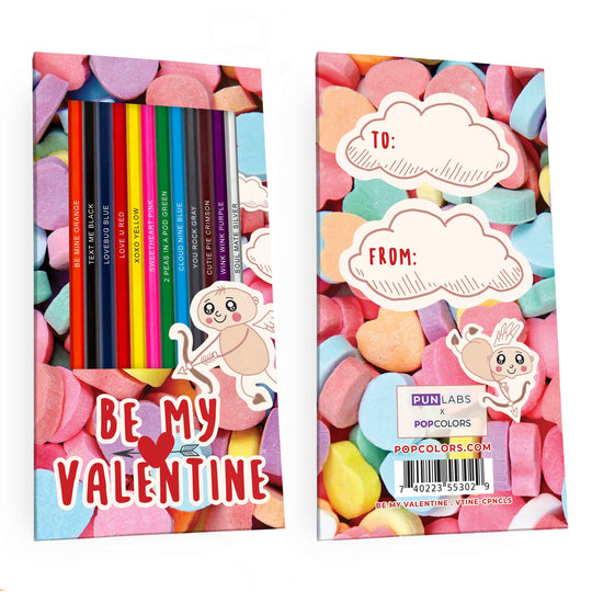 Be My Valentine" custom colored pencil set for Valentine's Day, front and back